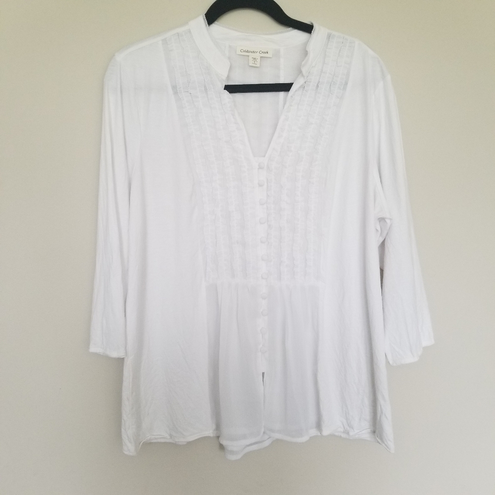 Coldwater Creek white long sleeve ruffle tshirt L